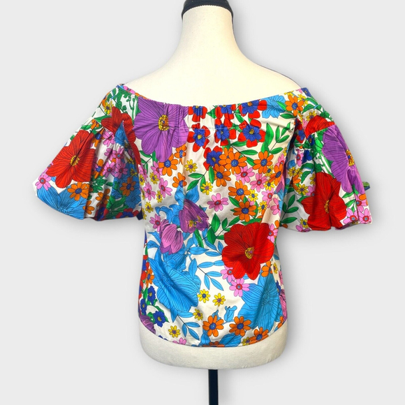 H&M Floral Print Womans Top Bright Flowers Garden Puff Sleeve 100% Cotton SZ 4 - Picture 2 of 12